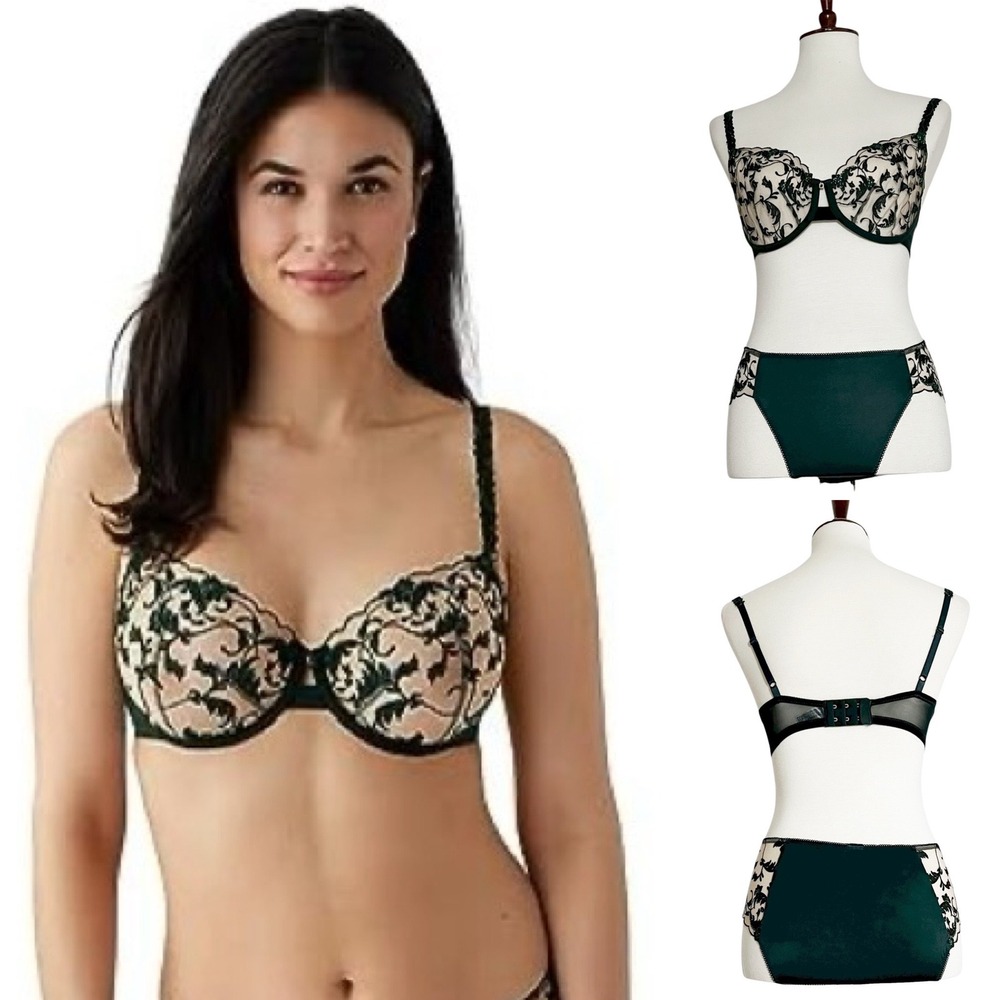 Wacoal Dramatic Interlude Bra & Panty Set Green Black Lace Embroidered Size‎ S